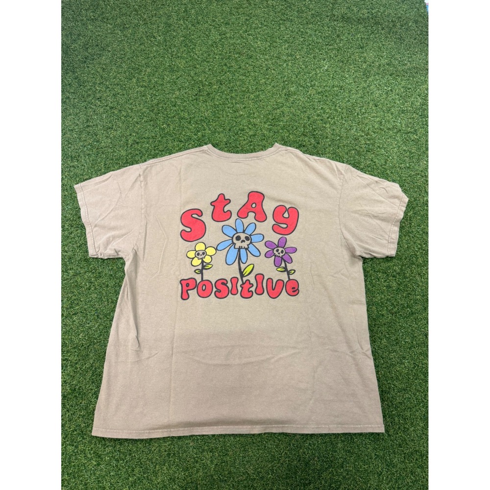 Peace of Mind Stay Positive Skull Flower Graphic‎ T-Shirt XL Khaki Green Cotton